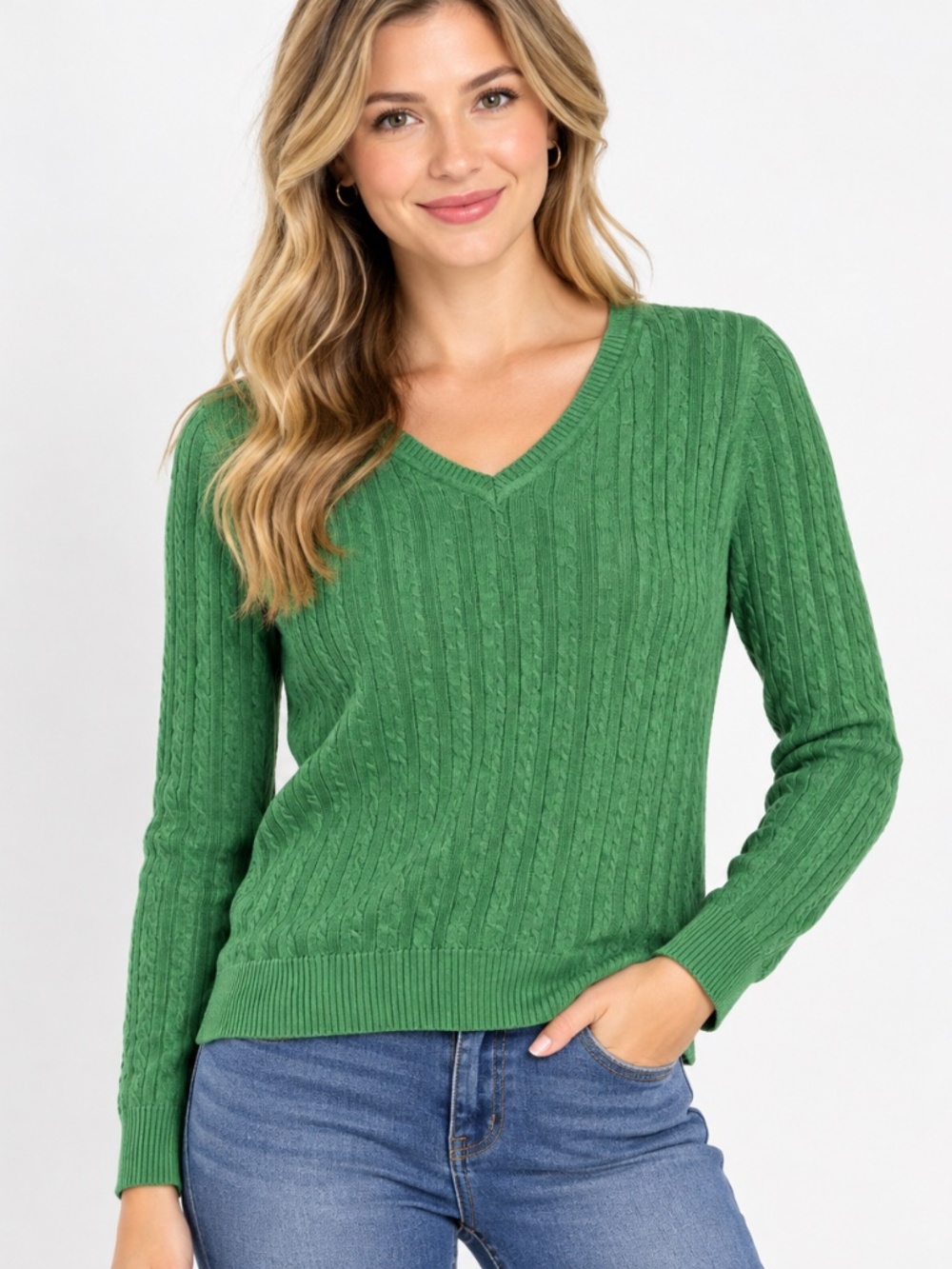 Laura Scott Medium Green Cable-Knit V-Neck Sweater